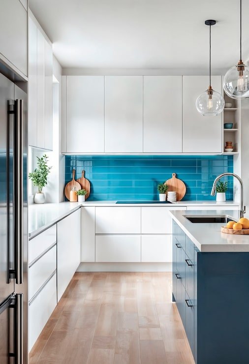 Custom Kitchen Renovation 3 modern kitchen with blue backsplash white cabinets 23 2151995373