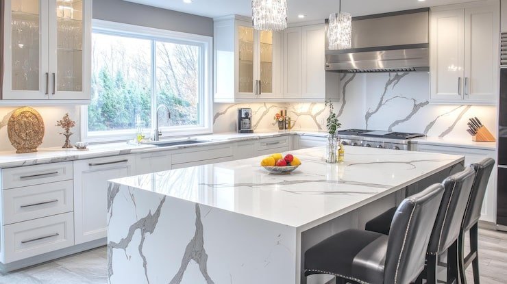 Custom Kitchen Renovation 1 modern white kitchen with large island marble countertops 1369729 40202